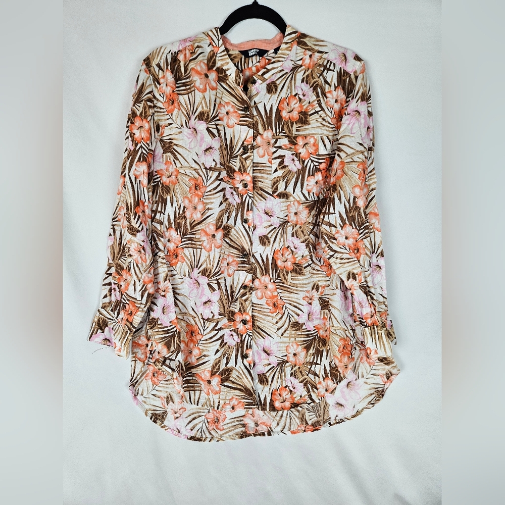 Lands' End Orange Pink Floral 100% Linen High-Low Resort Wear Top / Cover-up
